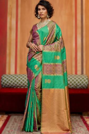 green silk blend blend saree with blouse piece