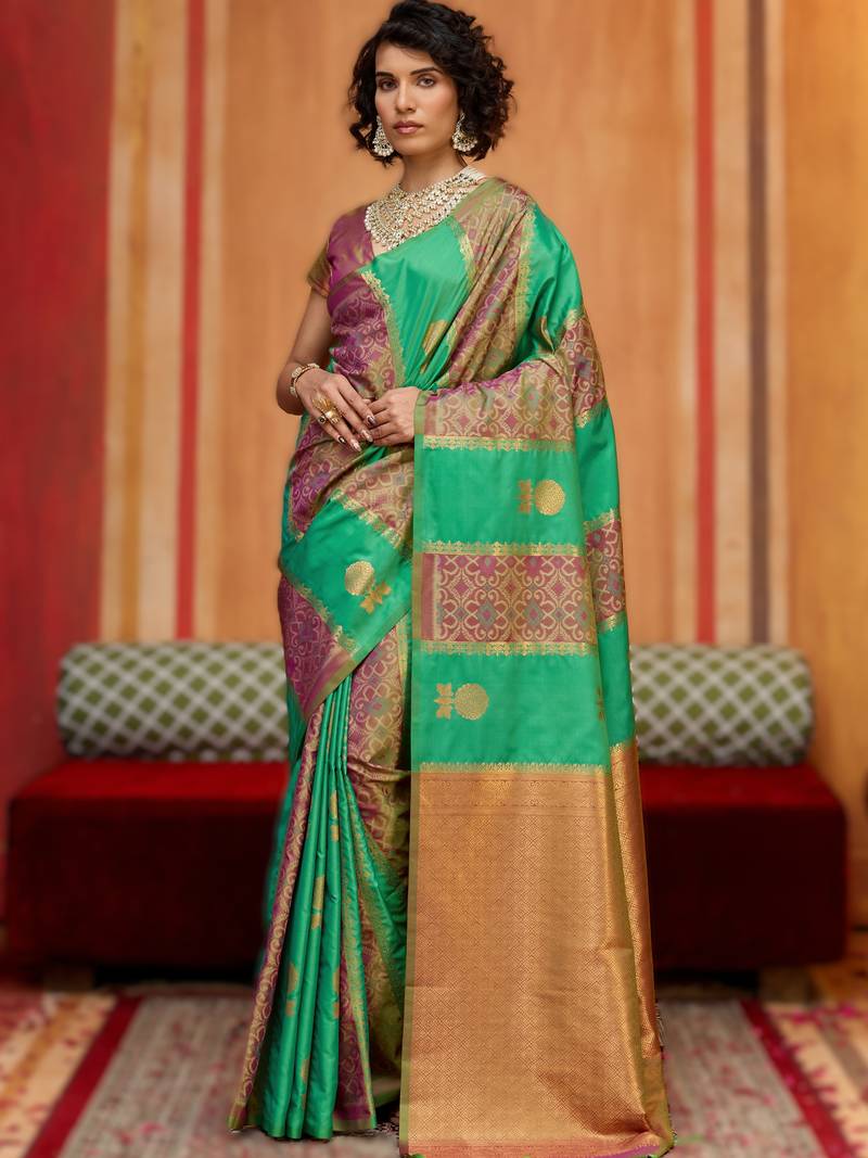 green silk blend blend saree with blouse piece