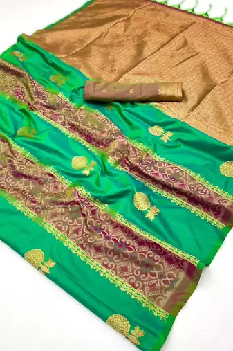 green silk blend blend saree with blouse piece