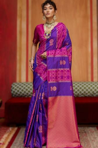 purple silk blend blend saree with blouse piece