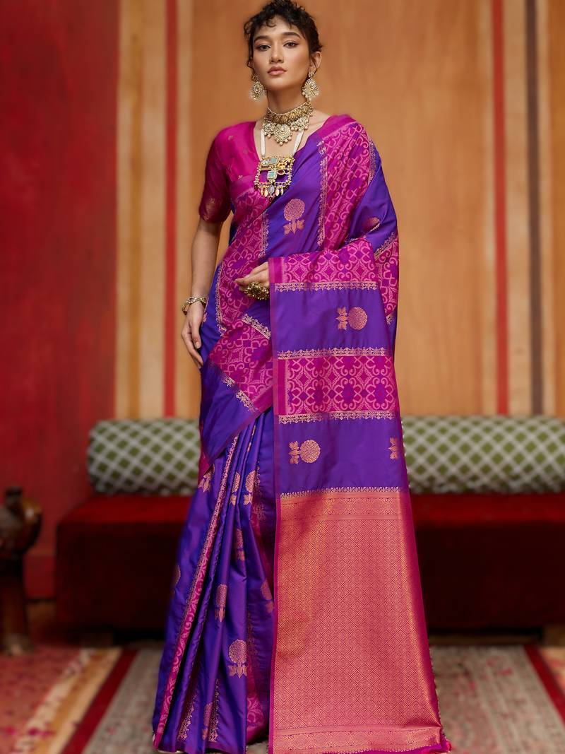 purple silk blend blend saree with blouse piece