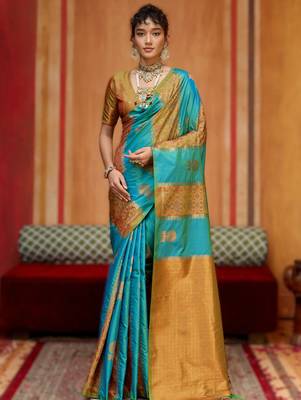 bule silk blend blend saree with blouse piece 1