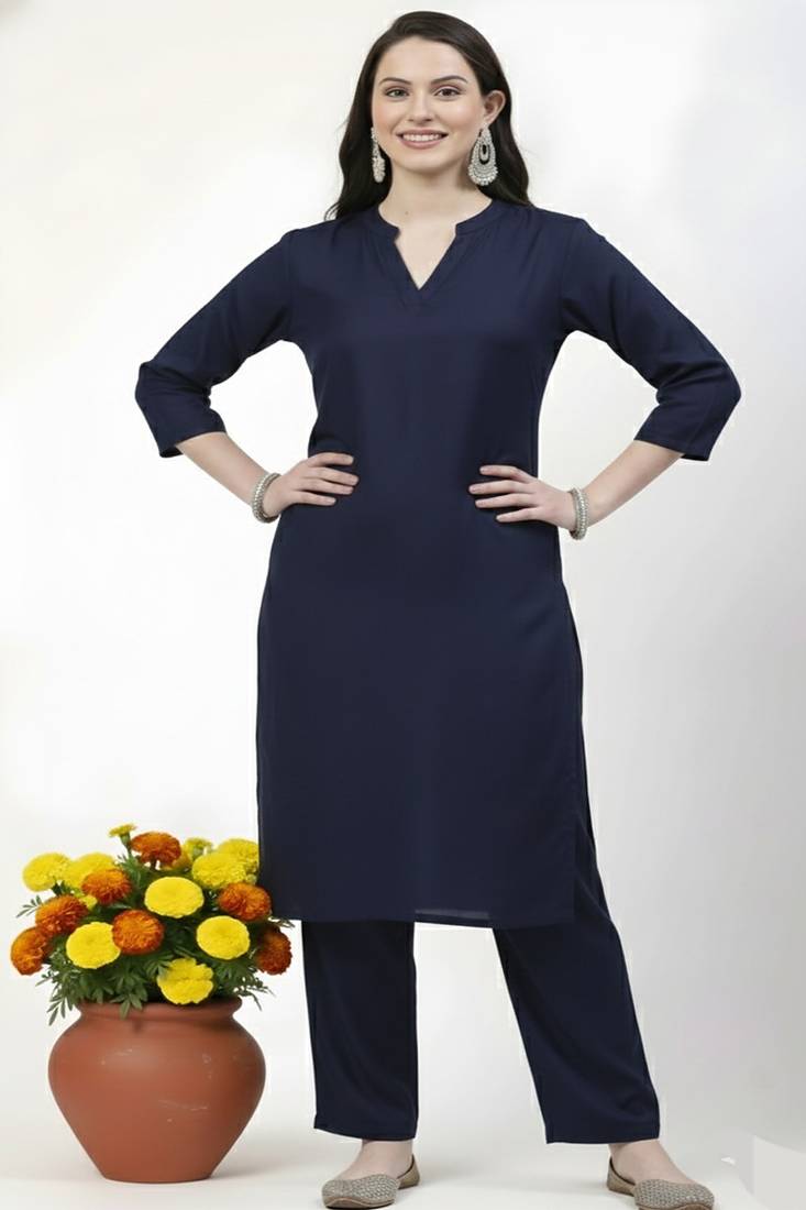 Navy plain rayon kurta Pant