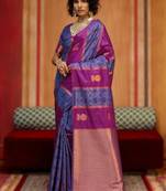 navy bule silk blend blend saree with blouse piece