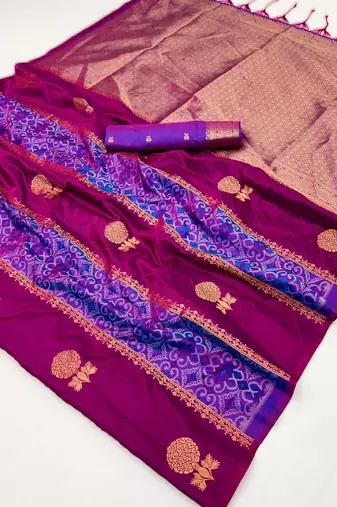 navy bule silk blend blend saree with blouse piece