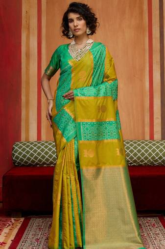 yellow silk blend blend saree with blouse piece