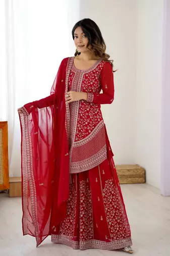 Zarmina Aura Thread Embroidered Red Georgette Palazzo Set
