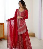 Zarmina Aura Thread Embroidered Red Georgette Palazzo Set