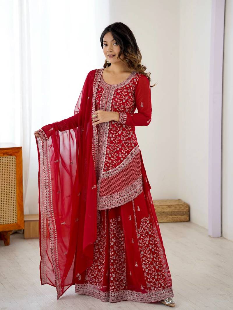 Zarmina Aura Thread Embroidered Red Georgette Palazzo Set
