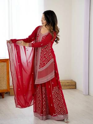 Zarmina Aura Thread Embroidered Red Georgette Palazzo Set 4