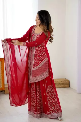 Zarmina Aura Thread Embroidered Red Georgette Palazzo Set