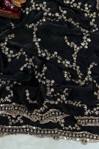 Black Color Beads And  Sequence Embroidery Work Space Silk Saree