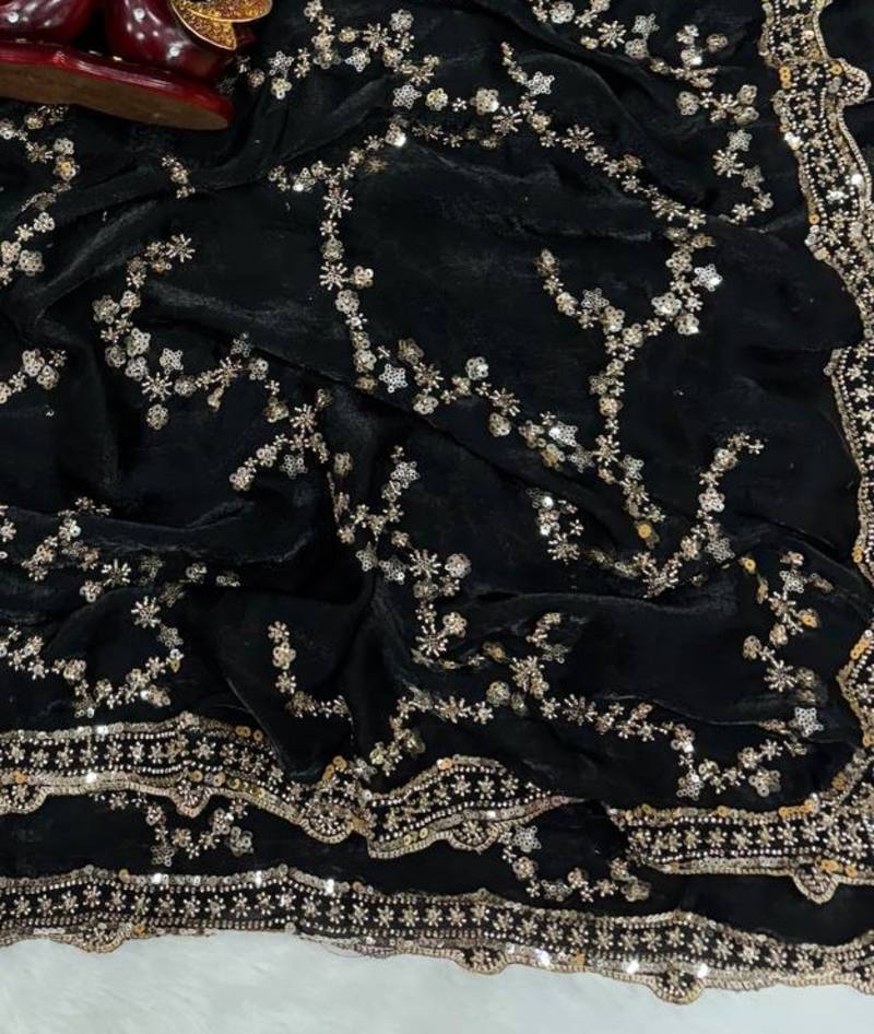 Black Color Beads And  Sequence Embroidery Work Space Silk Saree