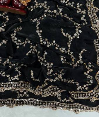 Black Color Beads And  Sequence Embroidery Work Space Silk Saree 1
