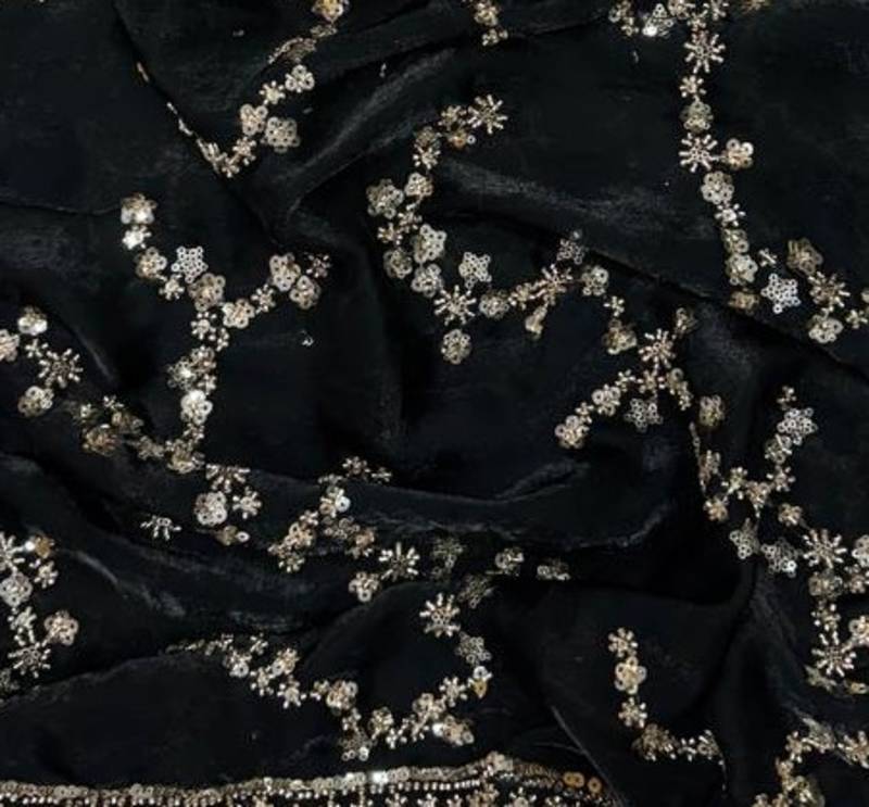 Black Color Beads And  Sequence Embroidery Work Space Silk Saree