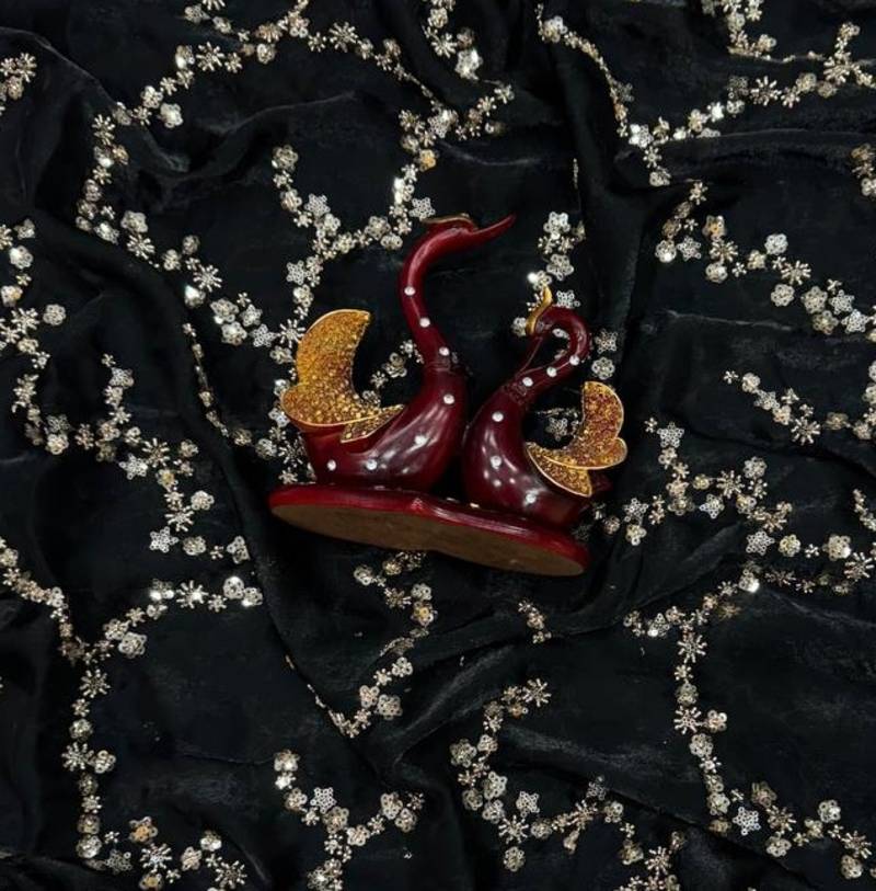 Black Color Beads And  Sequence Embroidery Work Space Silk Saree
