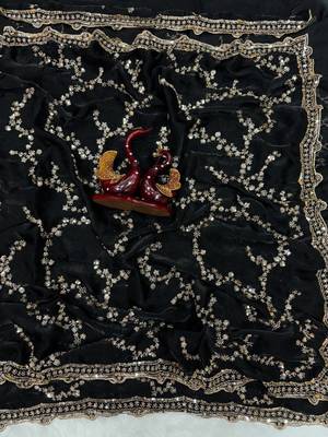 Black Color Beads And  Sequence Embroidery Work Space Silk Saree 4