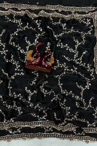 Black Color Beads And  Sequence Embroidery Work Space Silk Saree