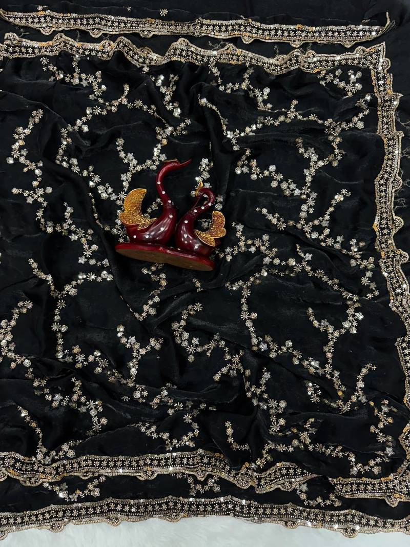 Black Color Beads And  Sequence Embroidery Work Space Silk Saree