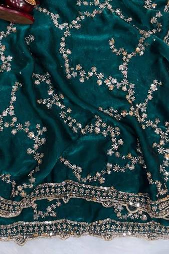 Emerald Color Beads And  Sequence Embroidery Work Space Silk Blend Saree