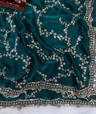 Emerald Color Beads And  Sequence Embroidery Work Space Silk Blend Saree 1