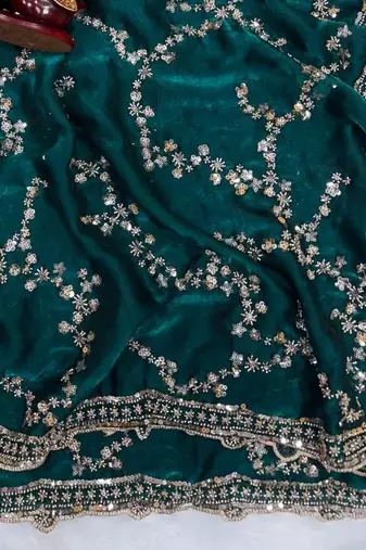 Emerald Color Beads And  Sequence Embroidery Work Space Silk Blend Saree