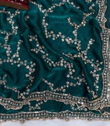 Emerald Color Beads And  Sequence Embroidery Work Space Silk Blend Saree