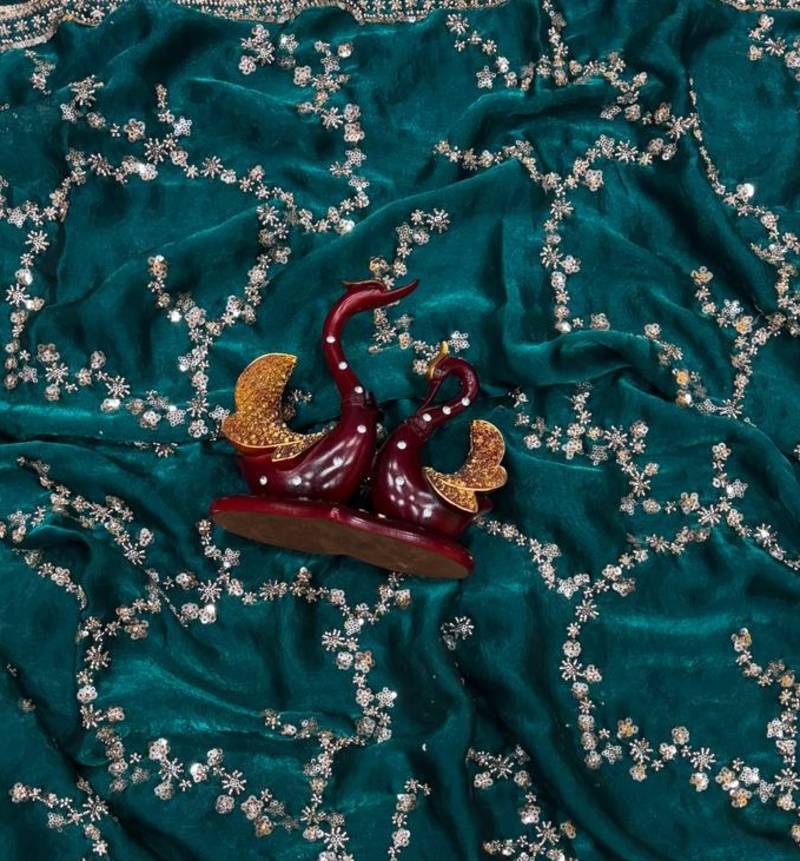 Emerald Color Beads And  Sequence Embroidery Work Space Silk Blend Saree