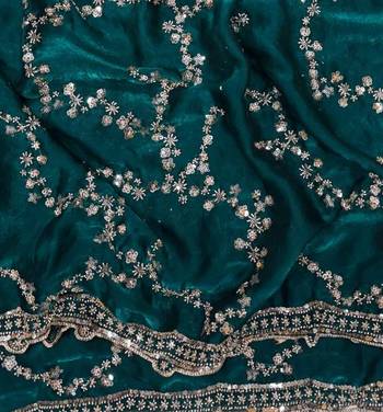 Emerald Color Beads And  Sequence Embroidery Work Space Silk Blend Saree 3
