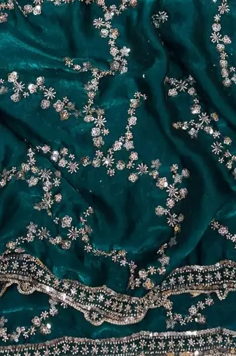 Emerald Color Beads And  Sequence Embroidery Work Space Silk Blend Saree