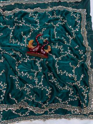 Emerald Color Beads And  Sequence Embroidery Work Space Silk Blend Saree 4