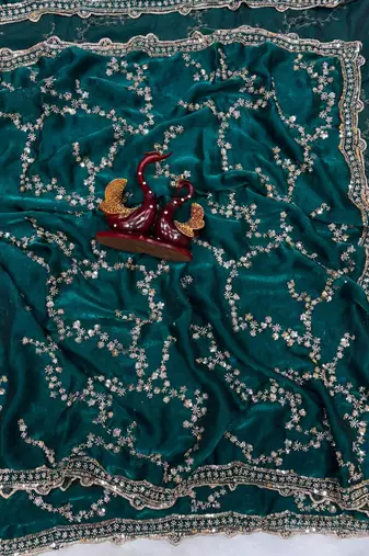 Emerald Color Beads And  Sequence Embroidery Work Space Silk Blend Saree