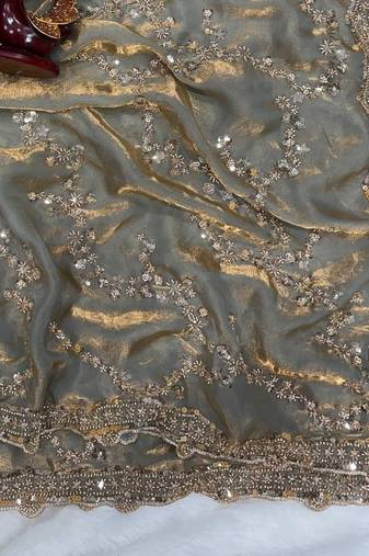 Grey Color Beads And  Sequence Embroidery Work Space Silk Blend Saree