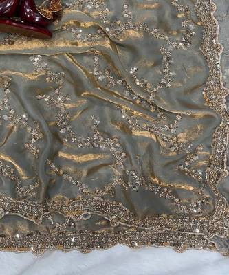 Grey Color Beads And  Sequence Embroidery Work Space Silk Blend Saree 1