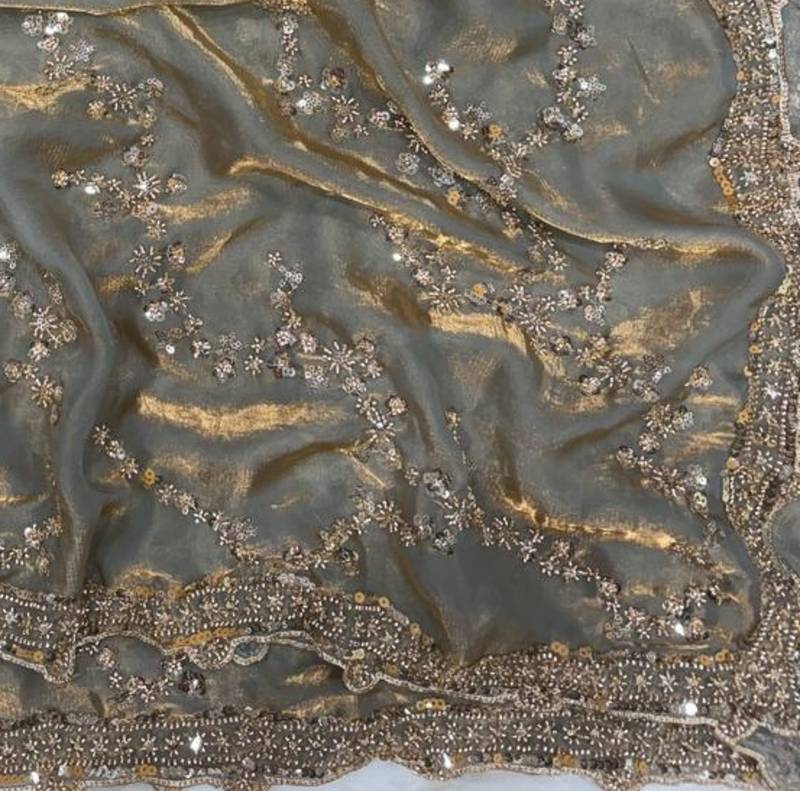 Grey Color Beads And  Sequence Embroidery Work Space Silk Blend Saree