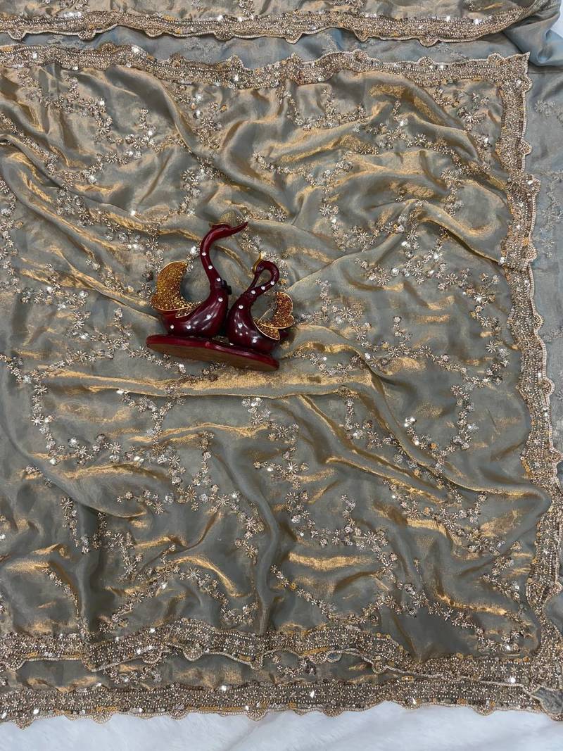 Grey Color Beads And  Sequence Embroidery Work Space Silk Blend Saree