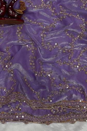 Lavender Color Beads And  Sequence Embroidery Work Space Silk Blend Saree