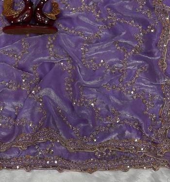 Lavender Color Beads And  Sequence Embroidery Work Space Silk Blend Saree 1