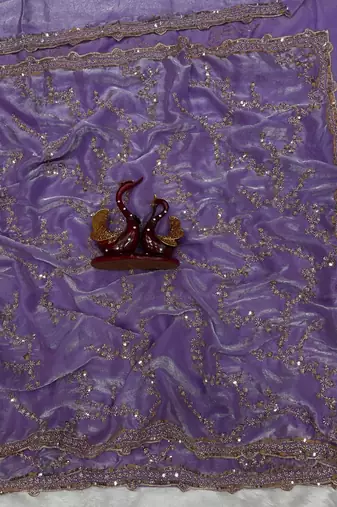 Lavender Color Beads And  Sequence Embroidery Work Space Silk Blend Saree