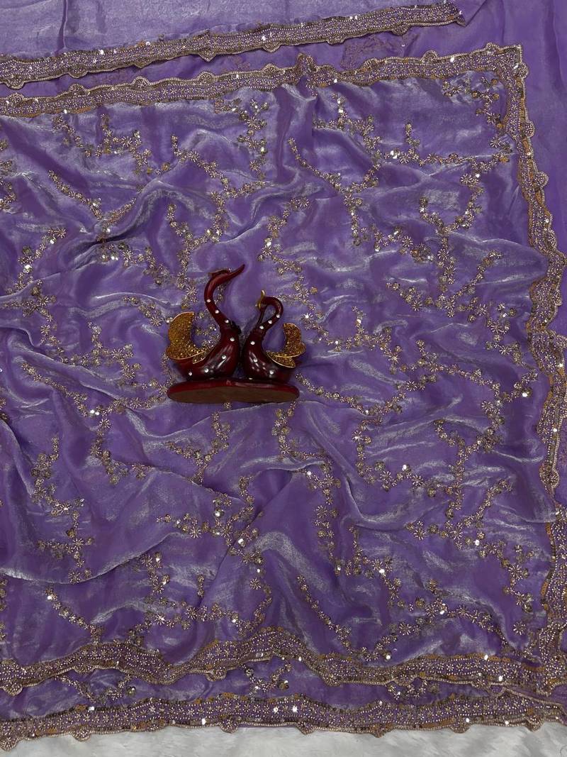 Lavender Color Beads And  Sequence Embroidery Work Space Silk Blend Saree