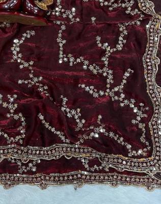Maroon Color Beads And  Sequence Embroidery Work Space Silk Blend Saree 1
