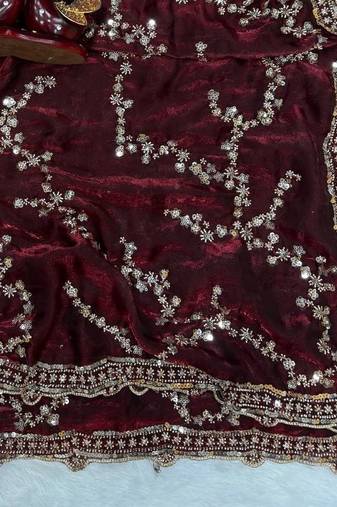 Maroon Color Beads And  Sequence Embroidery Work Space Silk Blend Saree