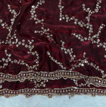 Maroon Color Beads And  Sequence Embroidery Work Space Silk Blend Saree 2