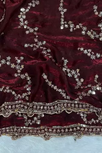 Maroon Color Beads And  Sequence Embroidery Work Space Silk Blend Saree