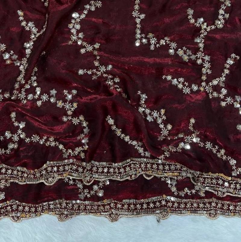 Maroon Color Beads And  Sequence Embroidery Work Space Silk Blend Saree