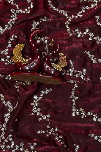 Maroon Color Beads And  Sequence Embroidery Work Space Silk Blend Saree