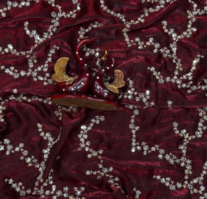 Maroon Color Beads And  Sequence Embroidery Work Space Silk Blend Saree
