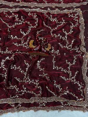 Maroon Color Beads And  Sequence Embroidery Work Space Silk Blend Saree 4