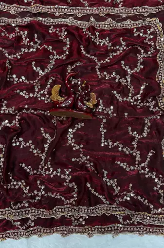 Maroon Color Beads And  Sequence Embroidery Work Space Silk Blend Saree