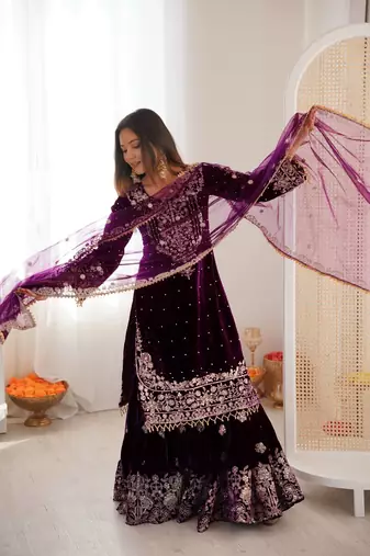 Elara Noor Cording Embroidered Wine Velvet Sharara Set for Weddings